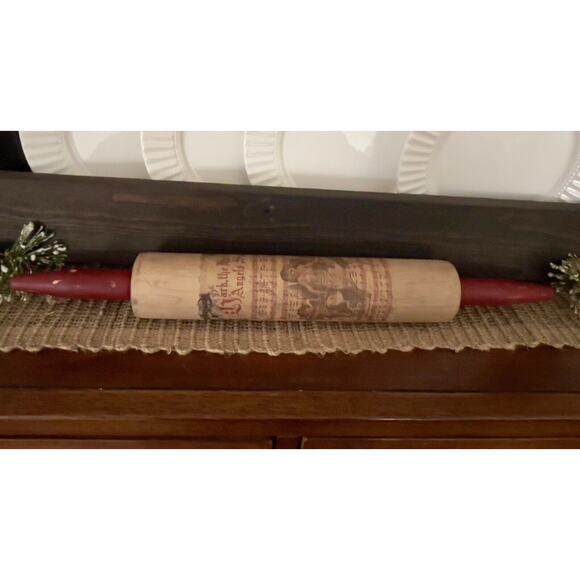 VTG Look Wood Rolling Pin Christmas Decor Red Handles Hark the Herald Farmhouse - Picture 9 of 9